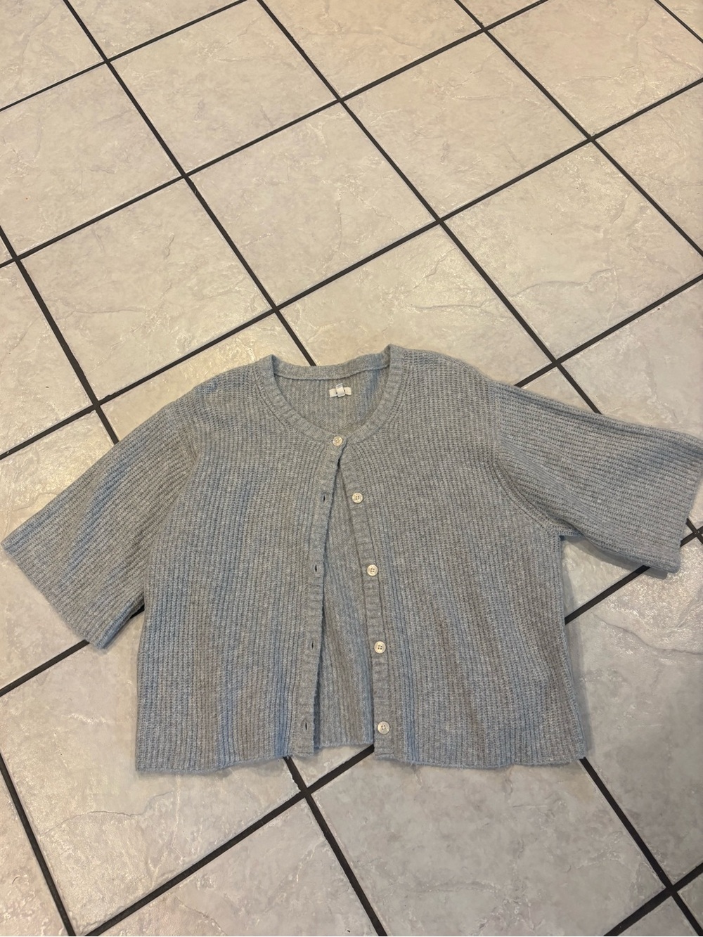 aerie Light Gray Short-Sleeve Ribbed Button Cardigan